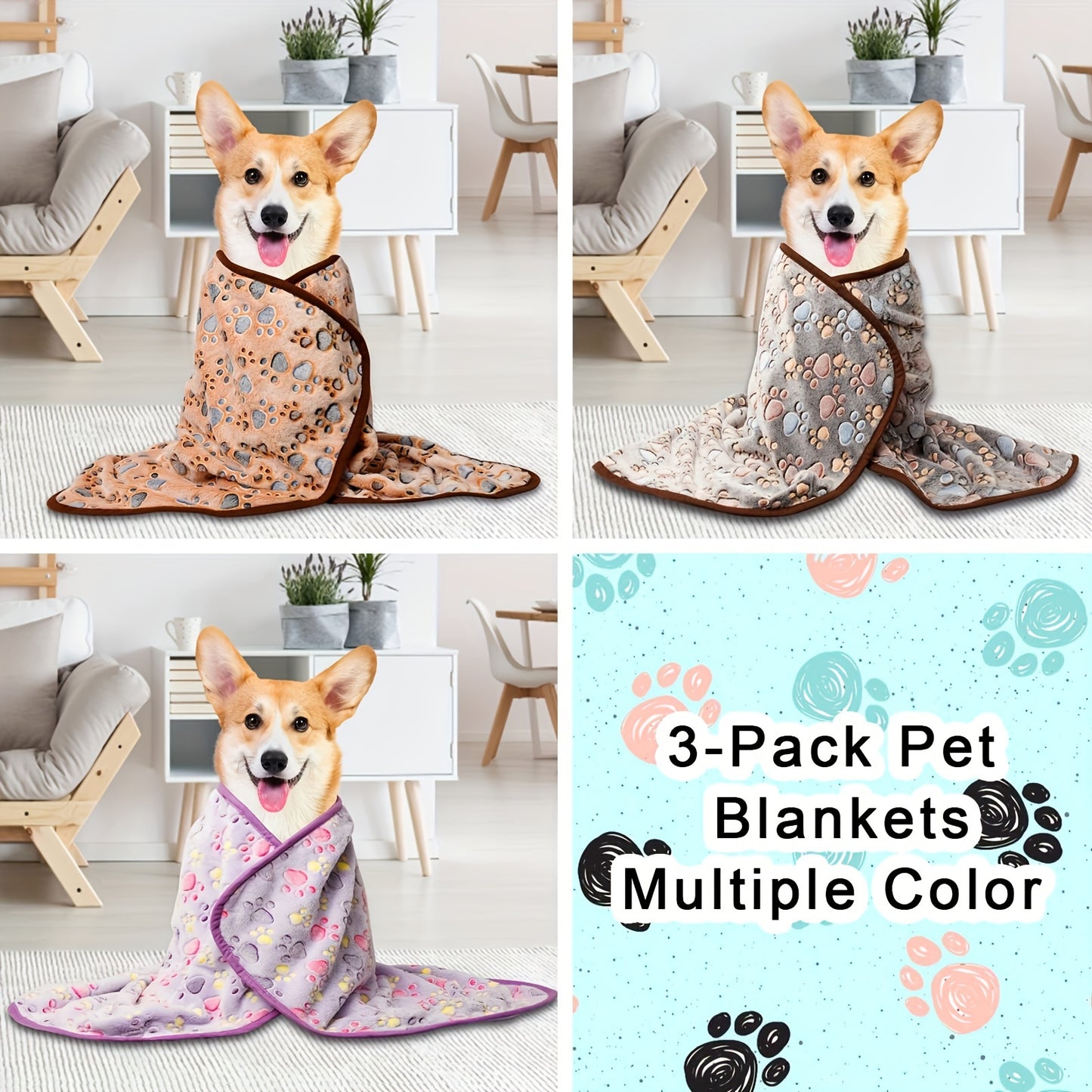 3 Pcs Pet Blankets Soft Coral Fleece Cozy Polyester Fill All Season Warmth for Extra Small to Large Pets