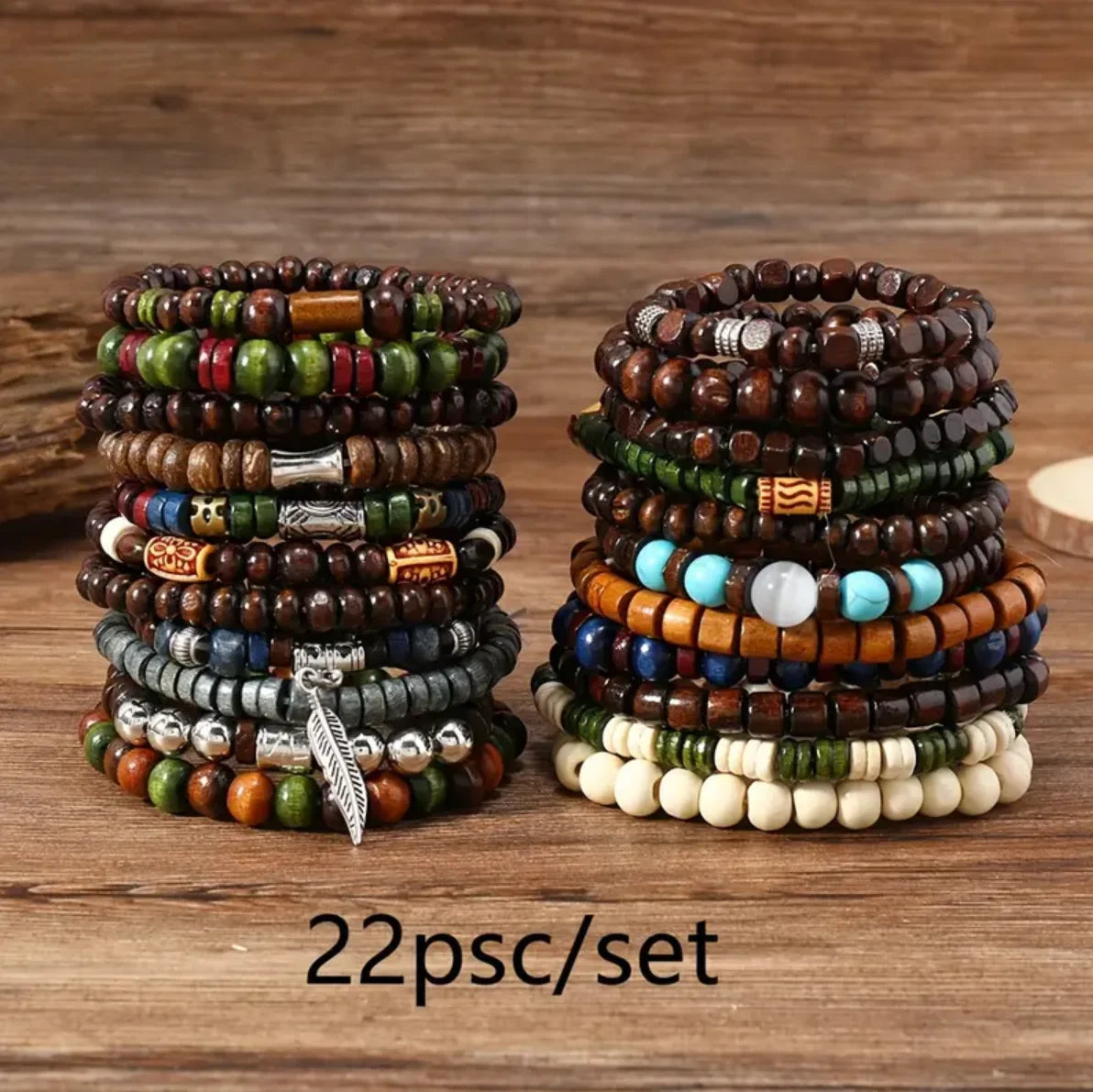 22 Piece Set Vintage Style Bohemian Wooden Beaded Bracelets with Synthetic Turquoise and Cat's Eye Beads