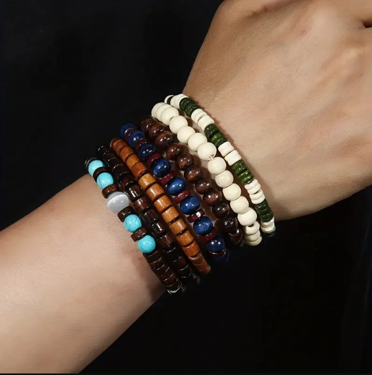 22 Piece Set Vintage Style Bohemian Wooden Beaded Bracelets with Synthetic Turquoise and Cat's Eye Beads