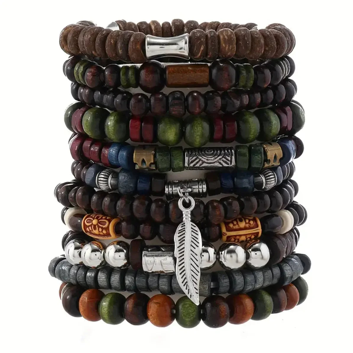 22 Piece Set Vintage Style Bohemian Wooden Beaded Bracelets with Synthetic Turquoise and Cat's Eye Beads