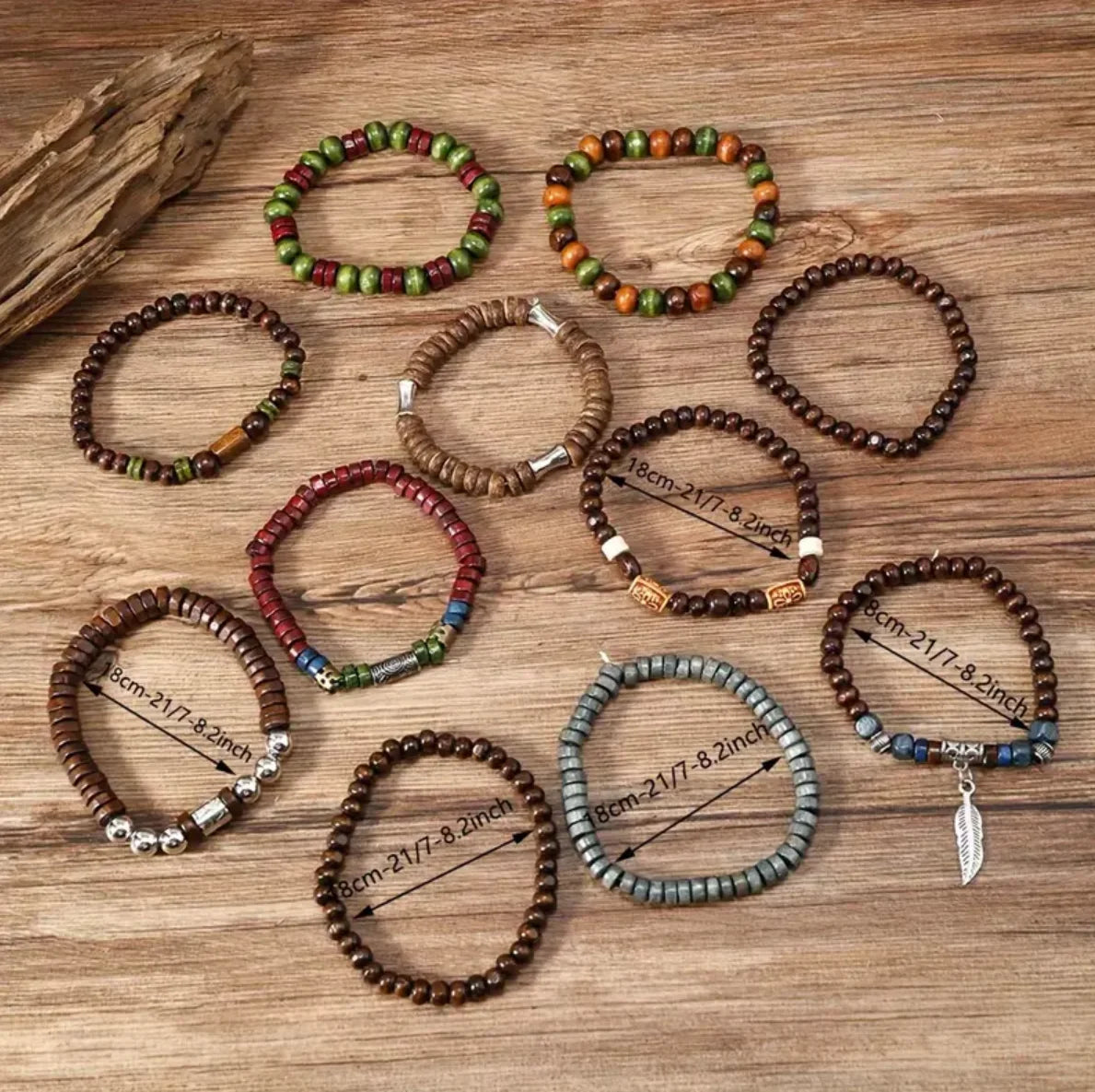 22 Piece Set Vintage Style Bohemian Wooden Beaded Bracelets with Synthetic Turquoise and Cat's Eye Beads