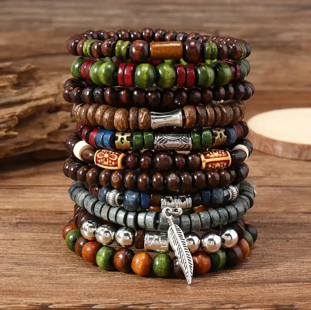 22 Piece Set Vintage Style Bohemian Wooden Beaded Bracelets with Synthetic Turquoise and Cat's Eye Beads