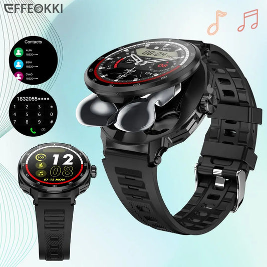 EFFEOKKI 2 in 1 Smart Watch with Earbuds Round Screen Fitness Watch for Men NFC Multiple Sport Compatible with iPhone and Android