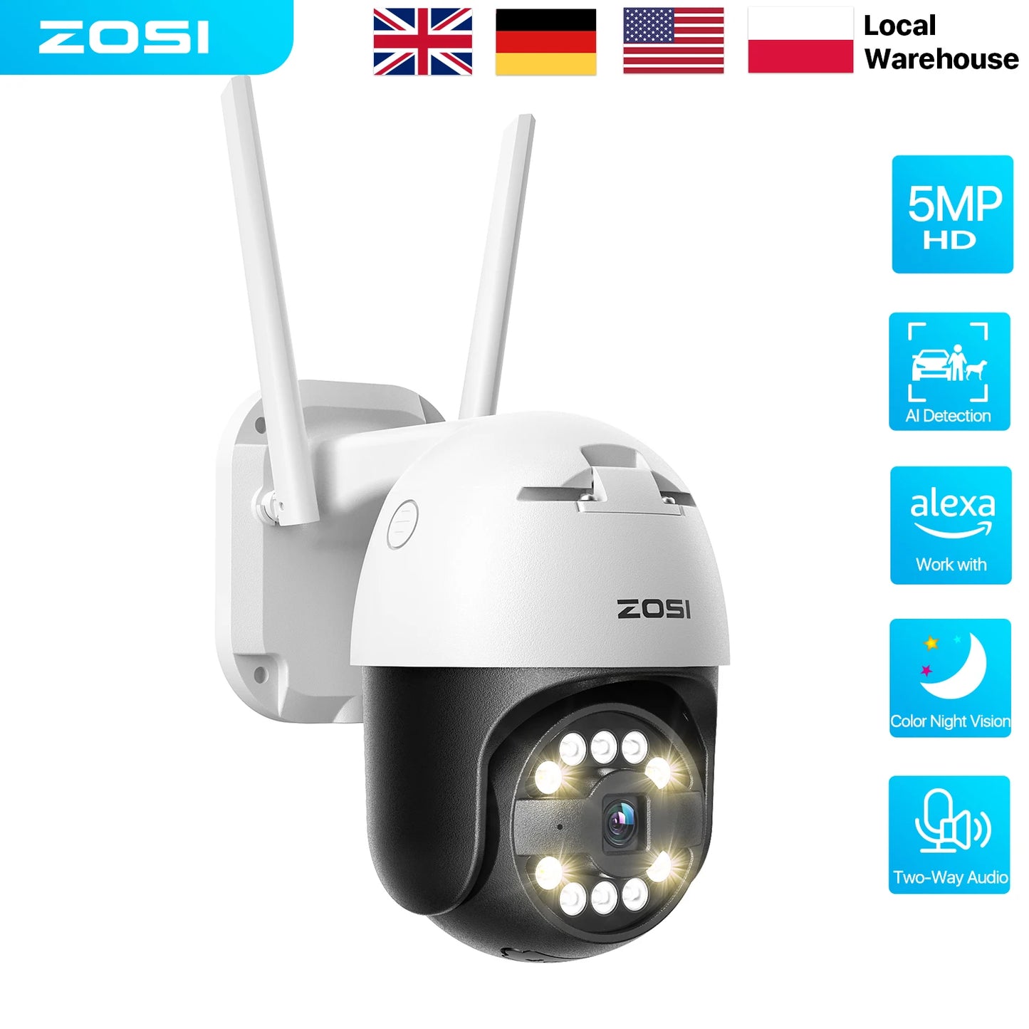 ZOSI 5MP HD WiFi PTZ Security Camera with Color Night Vision