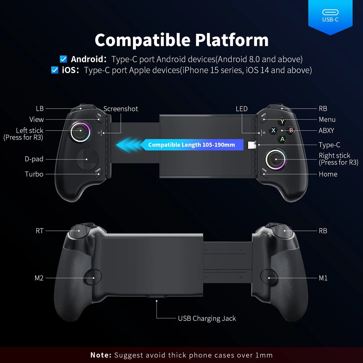 AceGamer Mobile Gaming Controller USB C Hall Joysticks
