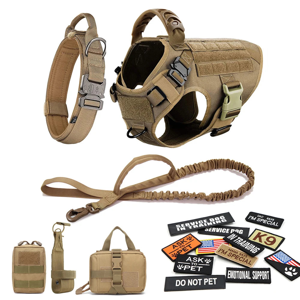 Military Large Dog Harness Collar Leash Bags Patches Set Pet Malinois Training Vests for Tactical K9 Dogs