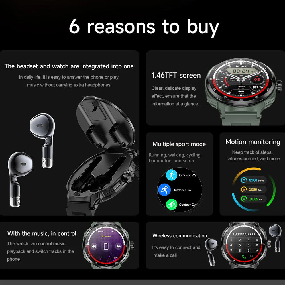 EFFEOKKI 2 in 1 Smart Watch with Earbuds Round Screen Fitness Watch for Men NFC Multiple Sport Compatible with iPhone and Android