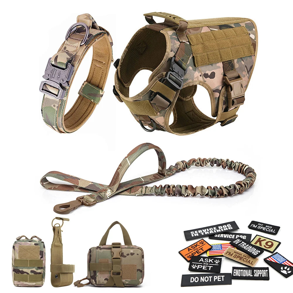 Military Large Dog Harness Collar Leash Bags Patches Set Pet Malinois Training Vests for Tactical K9 Dogs