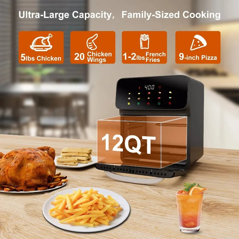 Bluebow Air Fryer 12QT Convection Oven with 10 in 1 Multi Function Visible Window and Touchscreen Black