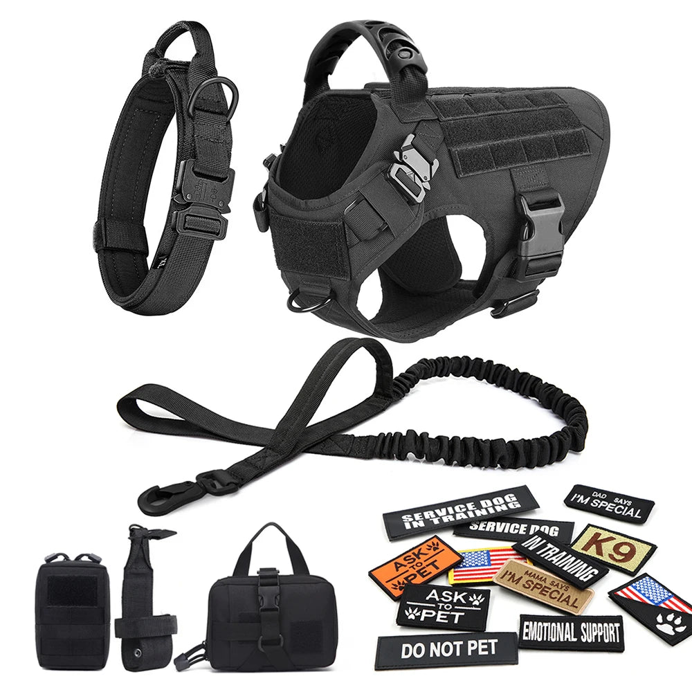 Military Large Dog Harness Collar Leash Bags Patches Set Pet Malinois Training Vests for Tactical K9 Dogs
