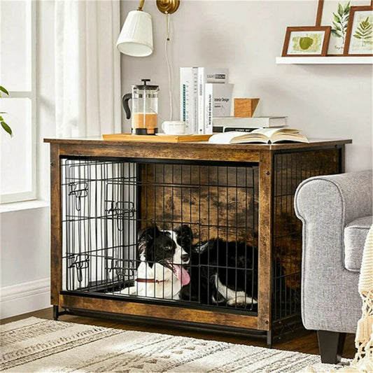 Large Elevated Wooden Dog Kennel End Table with Double Door