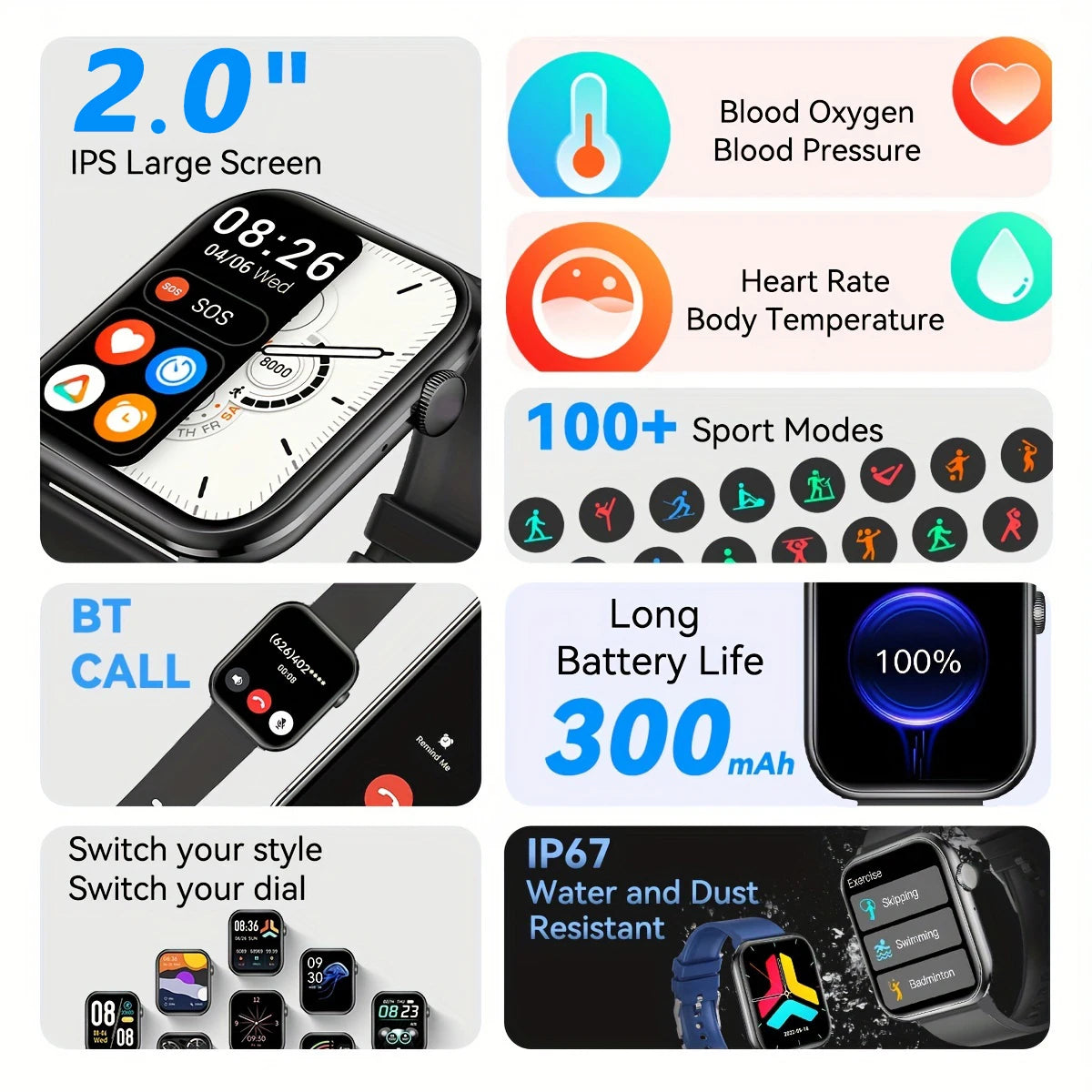 AI Voice Assistant Smart Watch, 2.0 HD Screen, Temp Check