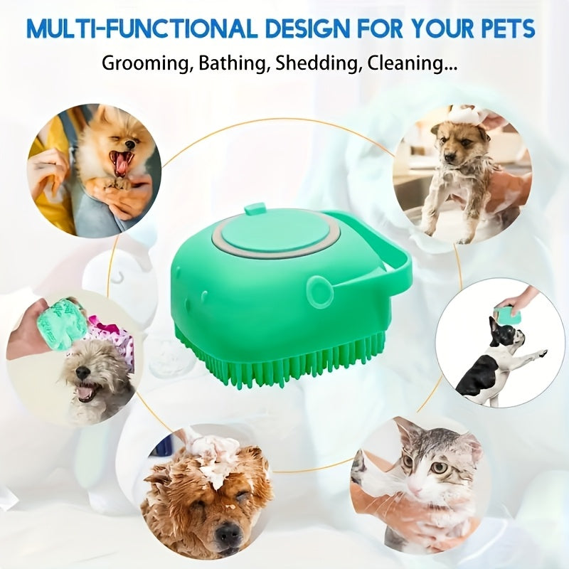 Dog Bath Brush with Shampoo Storage Cat Scrubber Soft Silicone Bristle Soap Dispenser for Long and Short Haired Dogs and Cats Shower