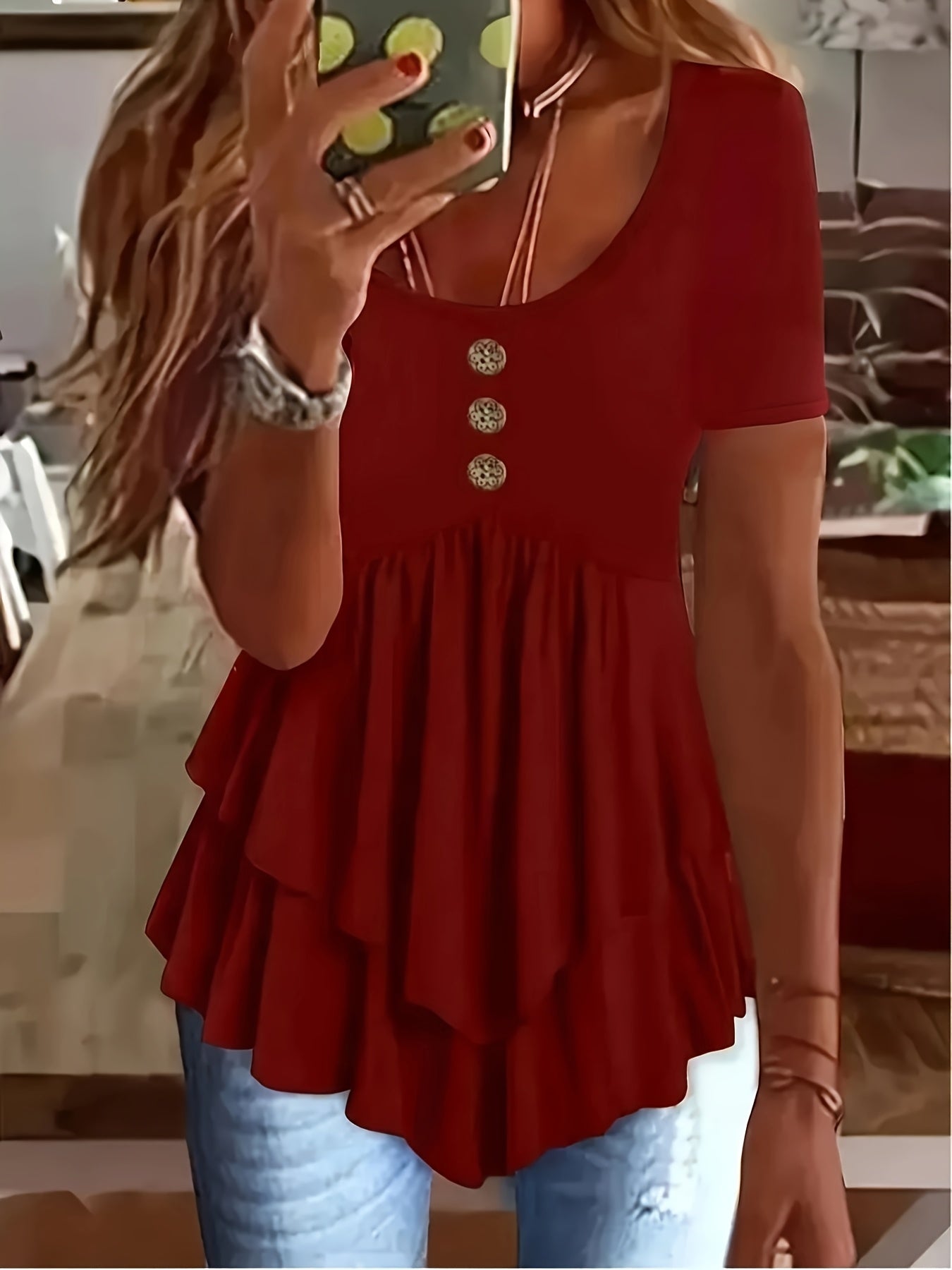 Women's Casual Short Sleeve Crew Neck T-Shirt Solid Color Button Front Flare Top Summer Blouse with Ruffles