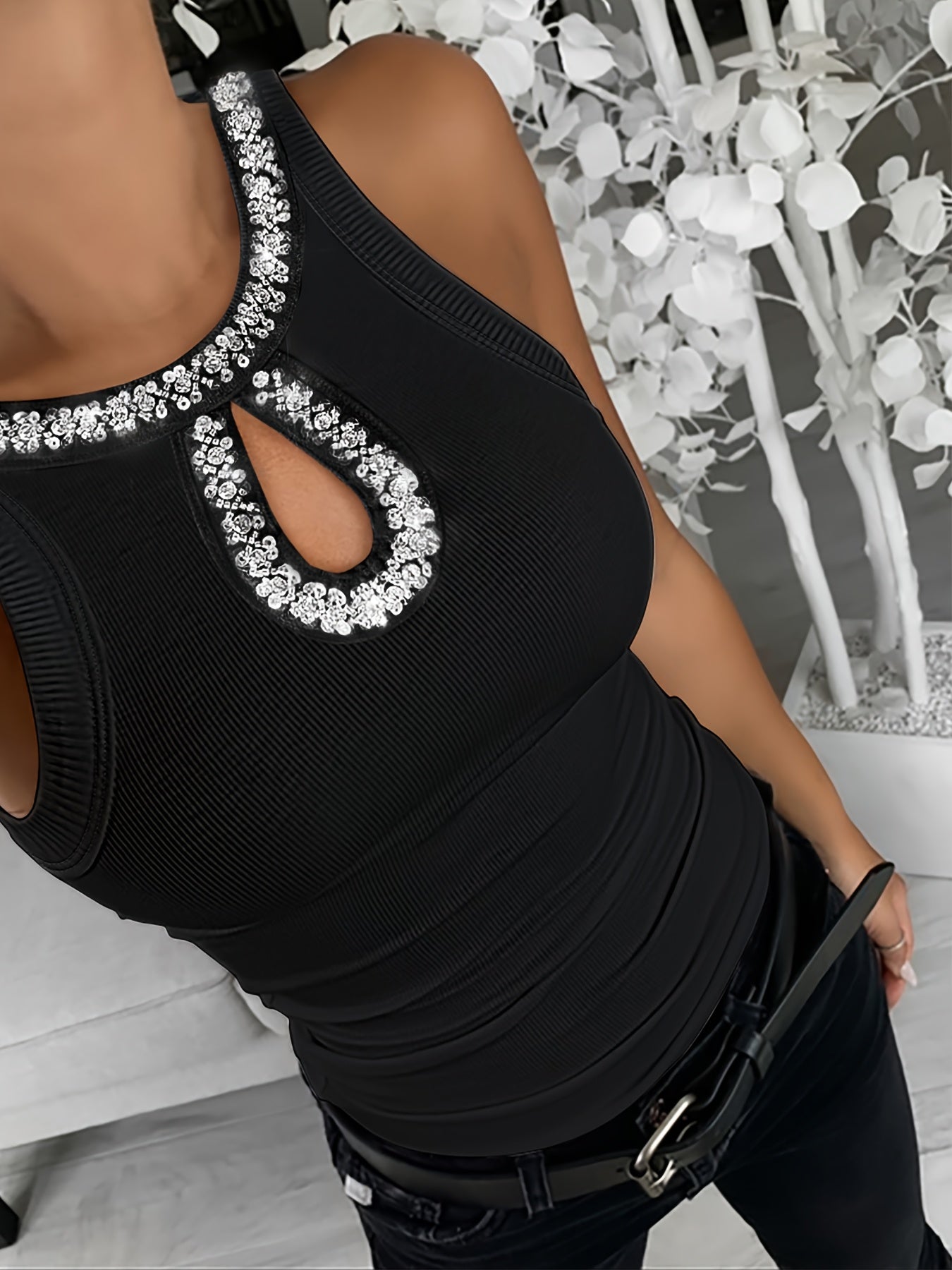 Chic Sleeveless Ribbed Top with Pearl Detail by Global