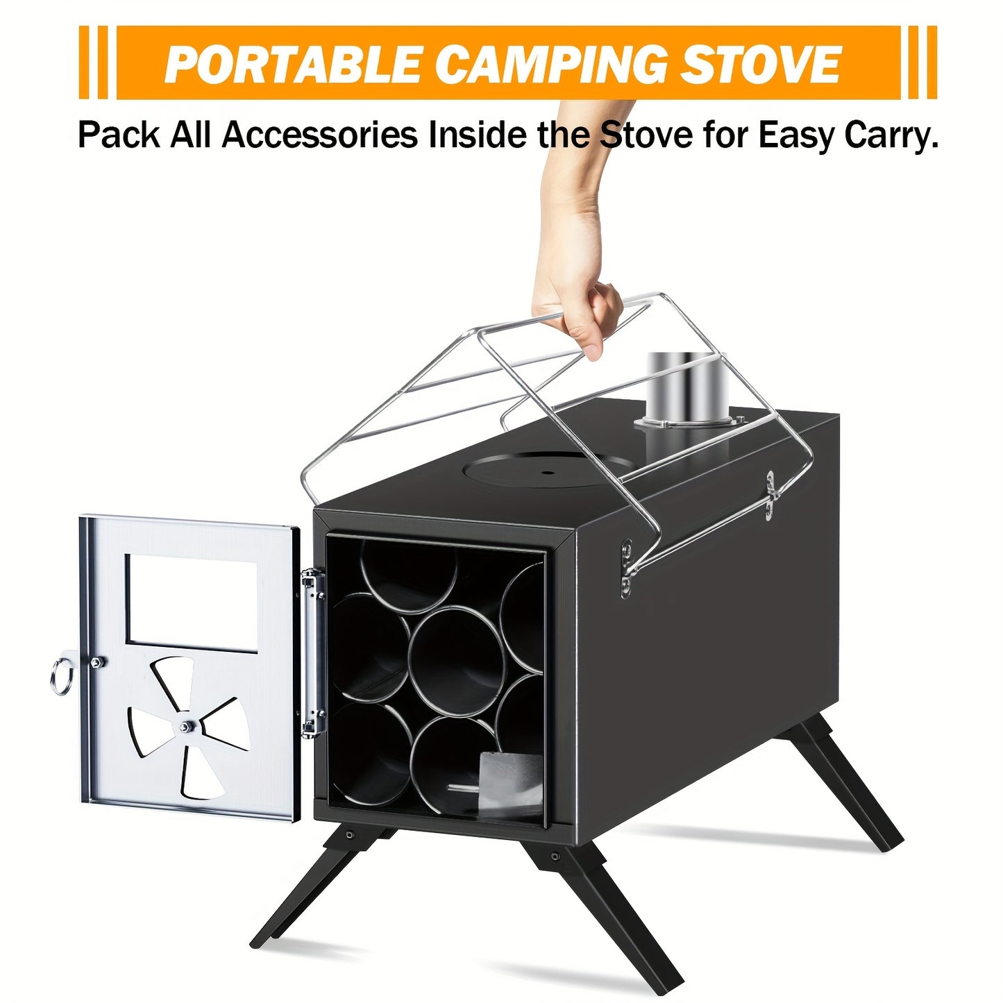 Portable Carbon Steel Wood Stove With Seven Chimney Pipes