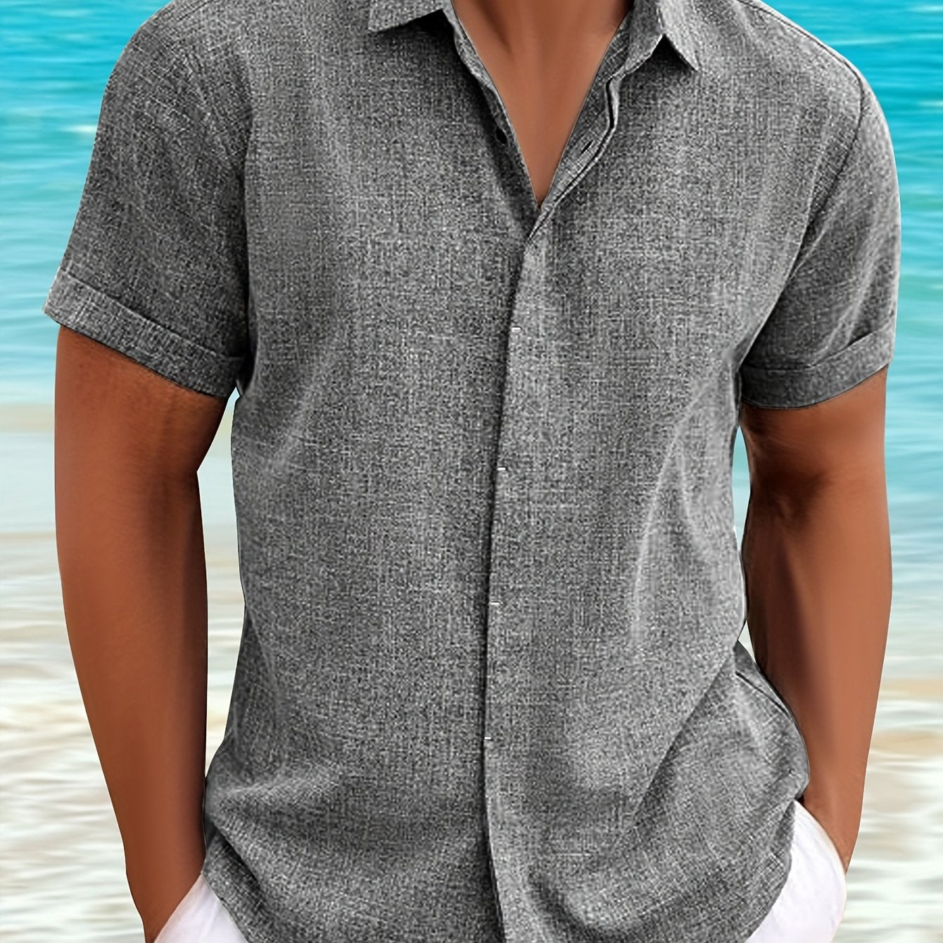 Men's Casual Linen Button- Shirt - Short Sleeve, Black & Gray, Lightweight & Breathable, Perfect for Beach, Summer, Weddings & Outdoor Activities, Outdoor Casual Top | Turndown Collar Shirt | Breathable Material