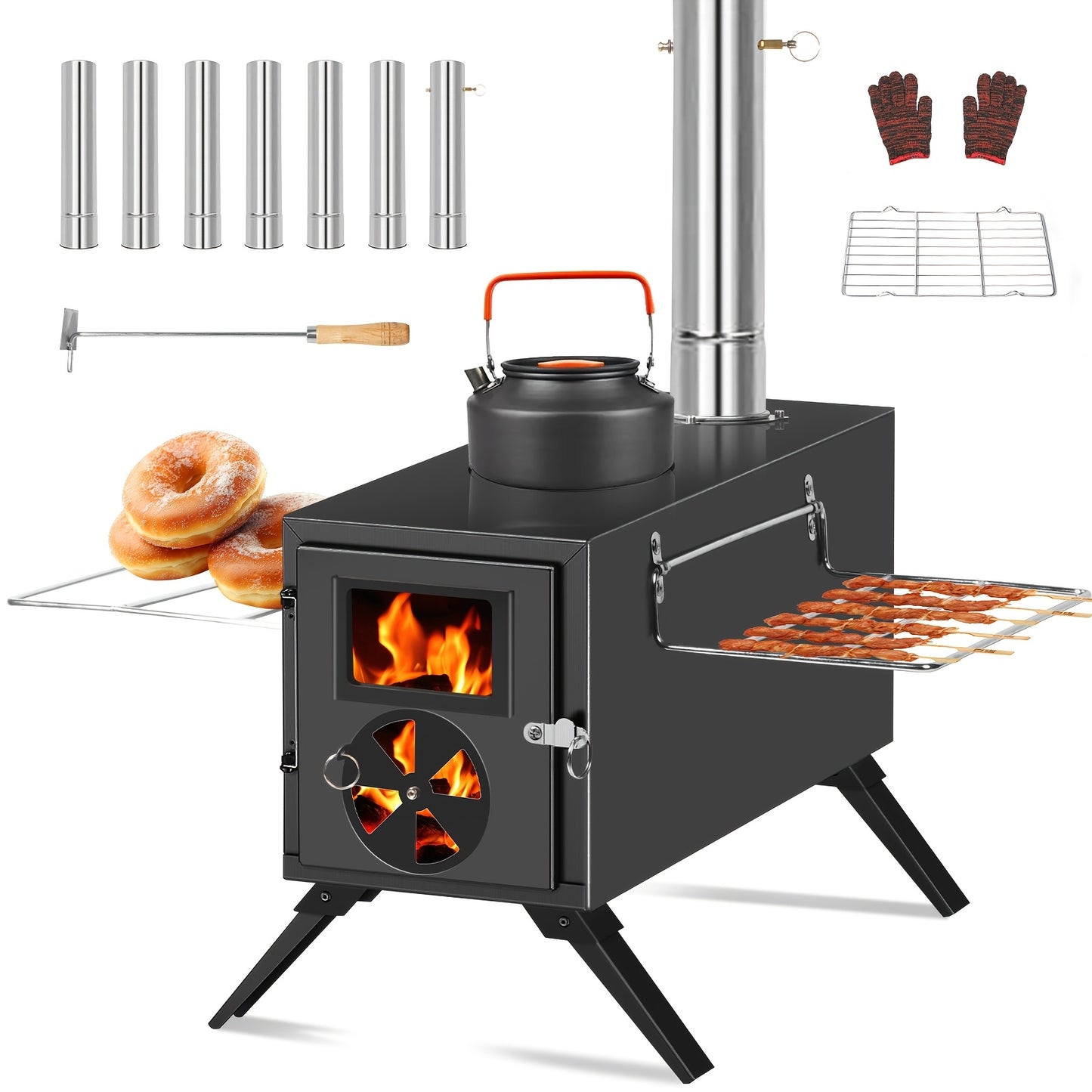 Portable Carbon Steel Wood Stove With Seven Chimney Pipes
