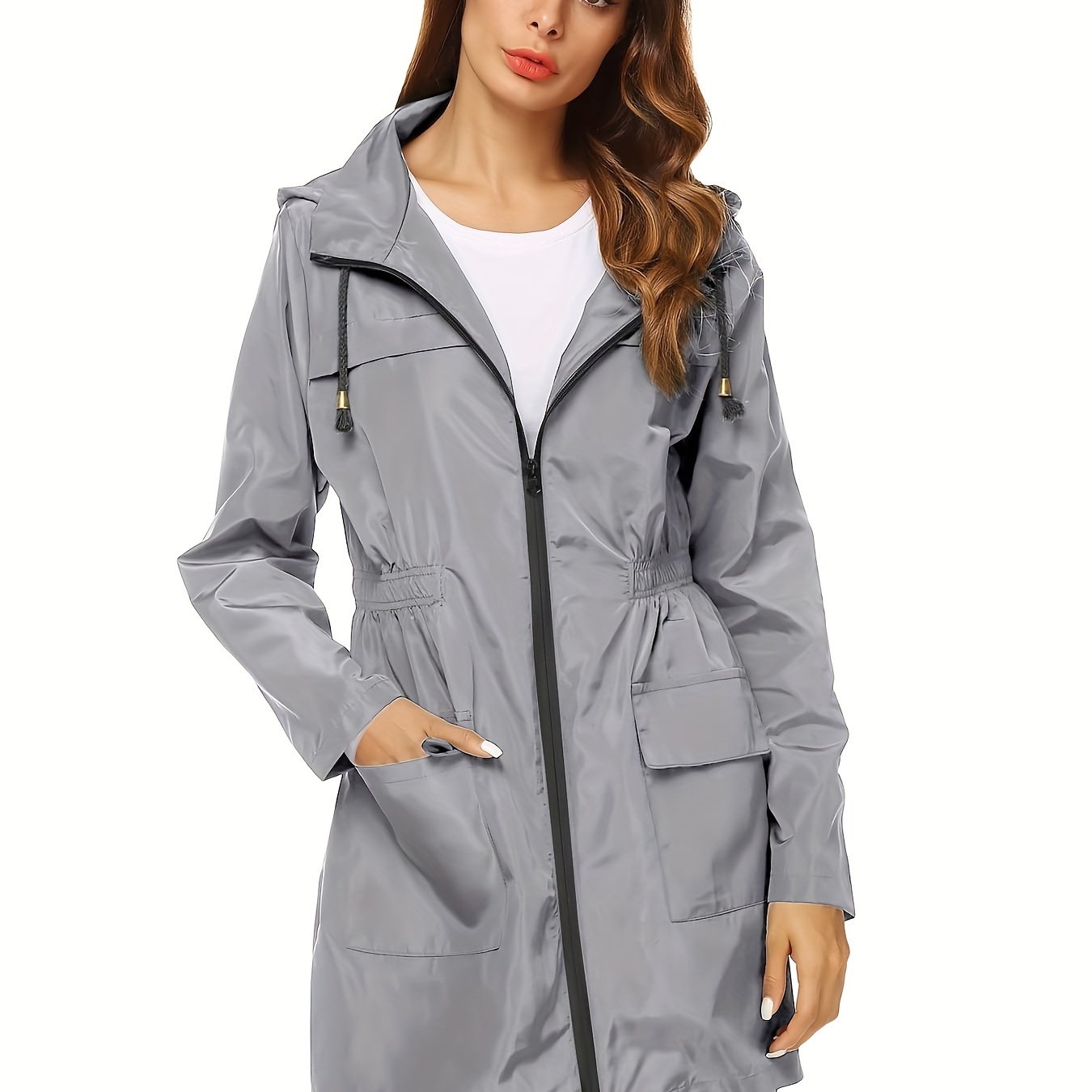 Women's Windproof High Quality Lightweight Hooded Rain Jacket - Adjustable Drawstring Hem & Cuffs, All-Season Casual Outdoor Coat for Hiking, Travel, Daily Commute (Solid Color), Travel Rainwear | Full Length Raincoat | Sleek