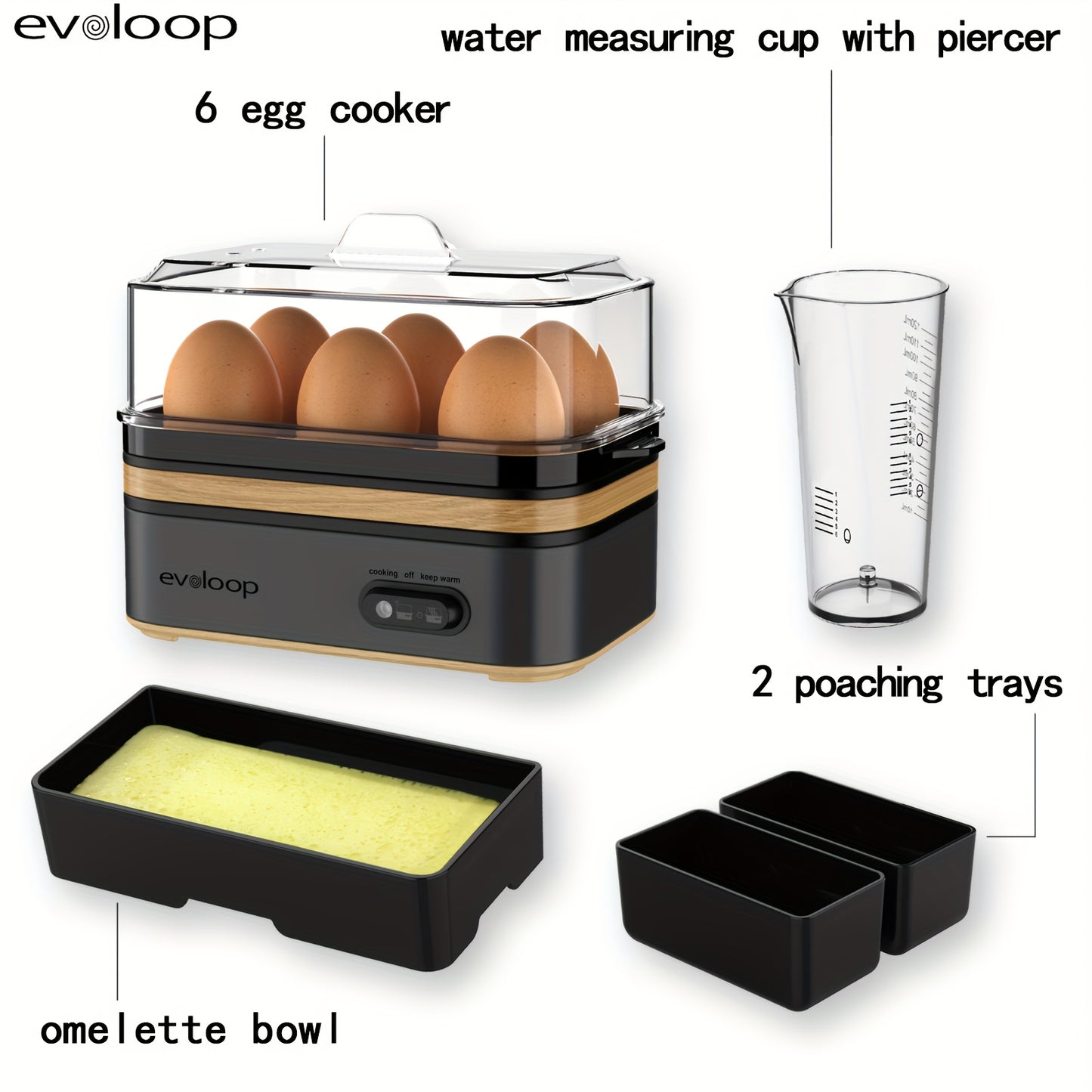 Evoloop Rapid Egg Cooker For Hard Boiled Eggs, Poached Eggs, Scrambled Eggs, Or Omelets With Auto Shut Off