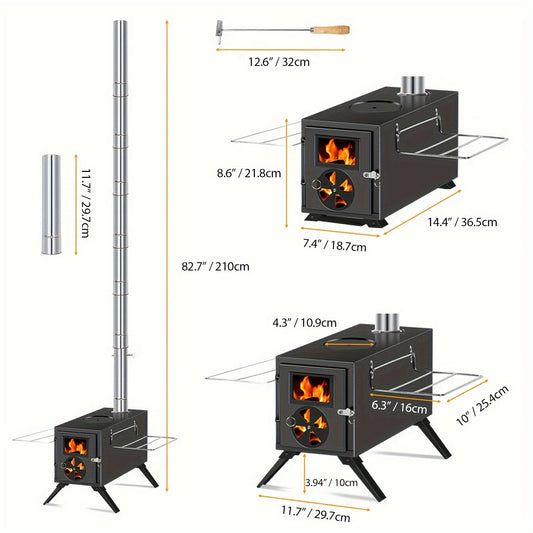 Portable Carbon Steel Wood Stove With Seven Chimney Pipes