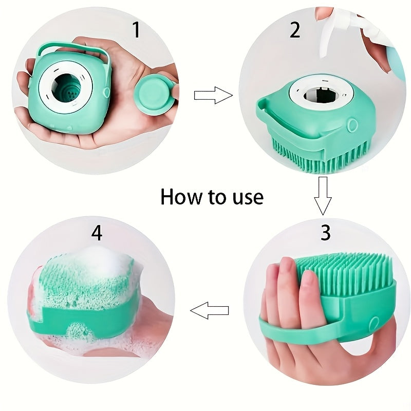 Dog Bath Brush with Shampoo Storage Cat Scrubber Soft Silicone Bristle Soap Dispenser for Long and Short Haired Dogs and Cats Shower