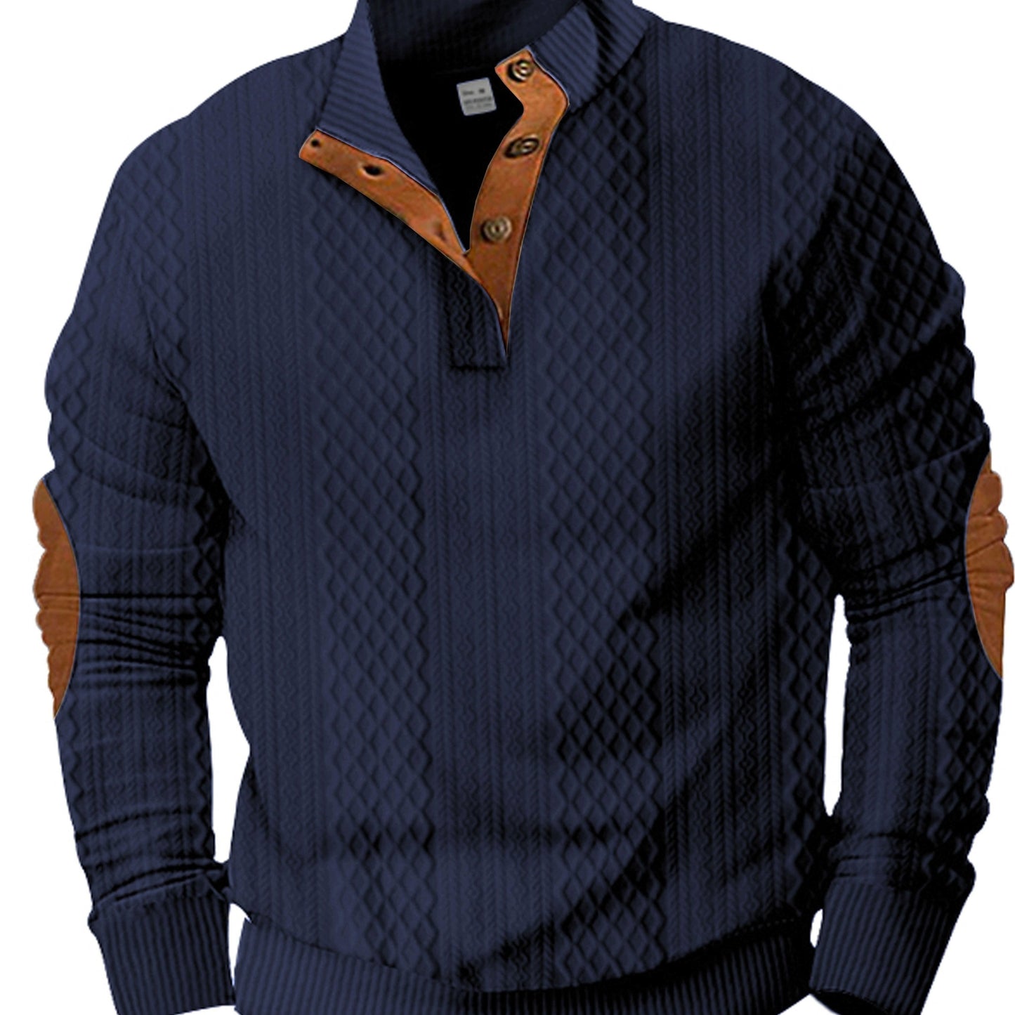 Men's Casual Sporty Diamond - Patterned Knit Jacquard Hoodie with Button Details - Stand - Up Collar, Long Sleeves, Stretch Fabric, Grey with Orange Accents