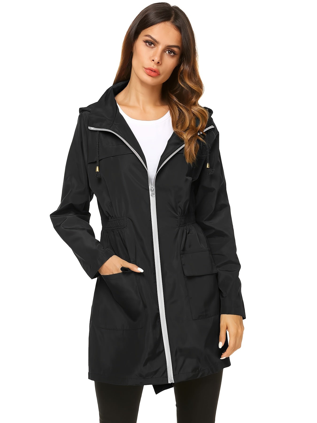 Women's Windproof High Quality Lightweight Hooded Rain Jacket - Adjustable Drawstring Hem & Cuffs, All-Season Casual Outdoor Coat for Hiking, Travel, Daily Commute (Solid Color), Travel Rainwear | Full Length Raincoat | Sleek