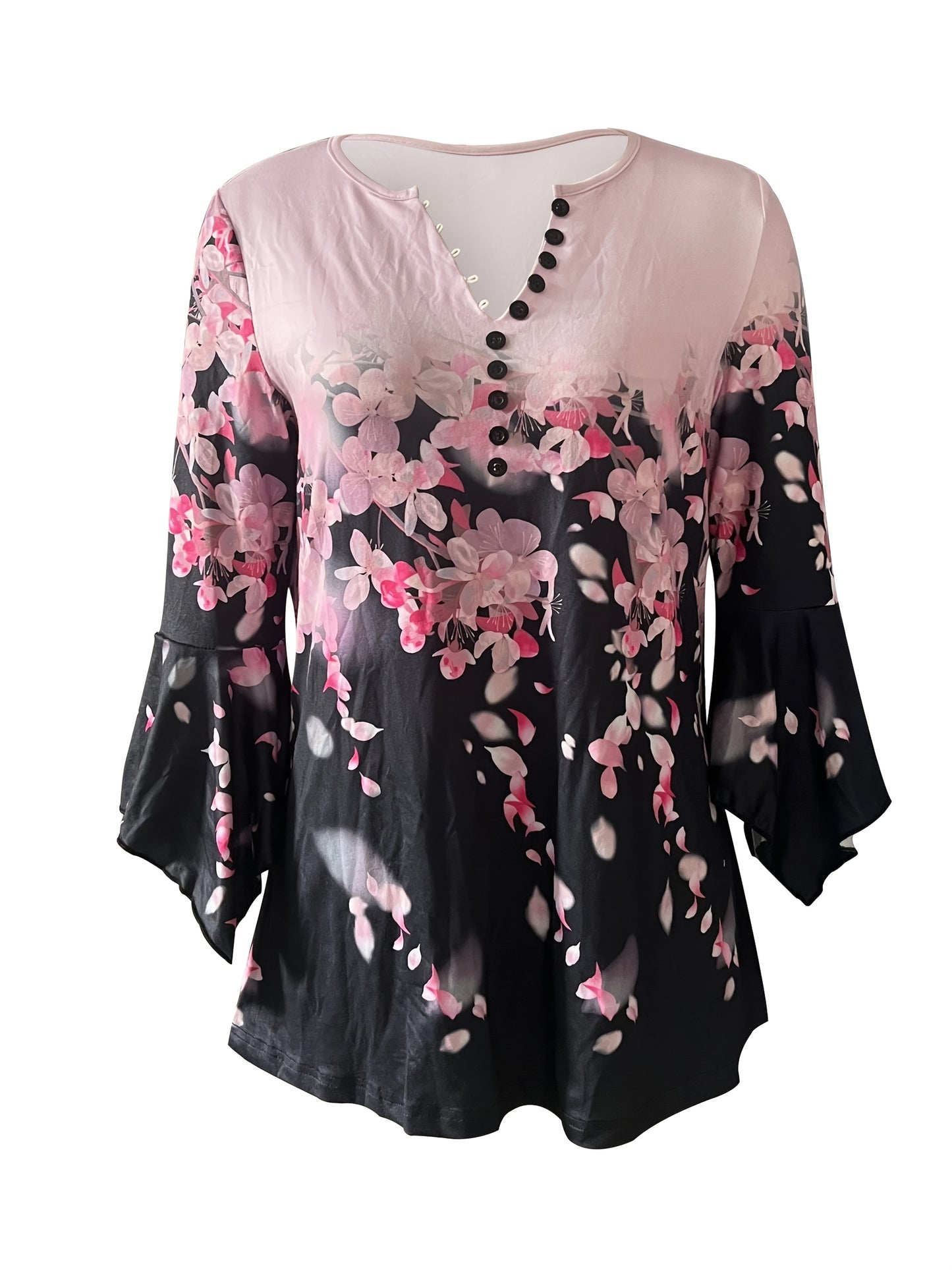 Women's Stylish Floral Print Button-Up T-Shirt Casual Top
