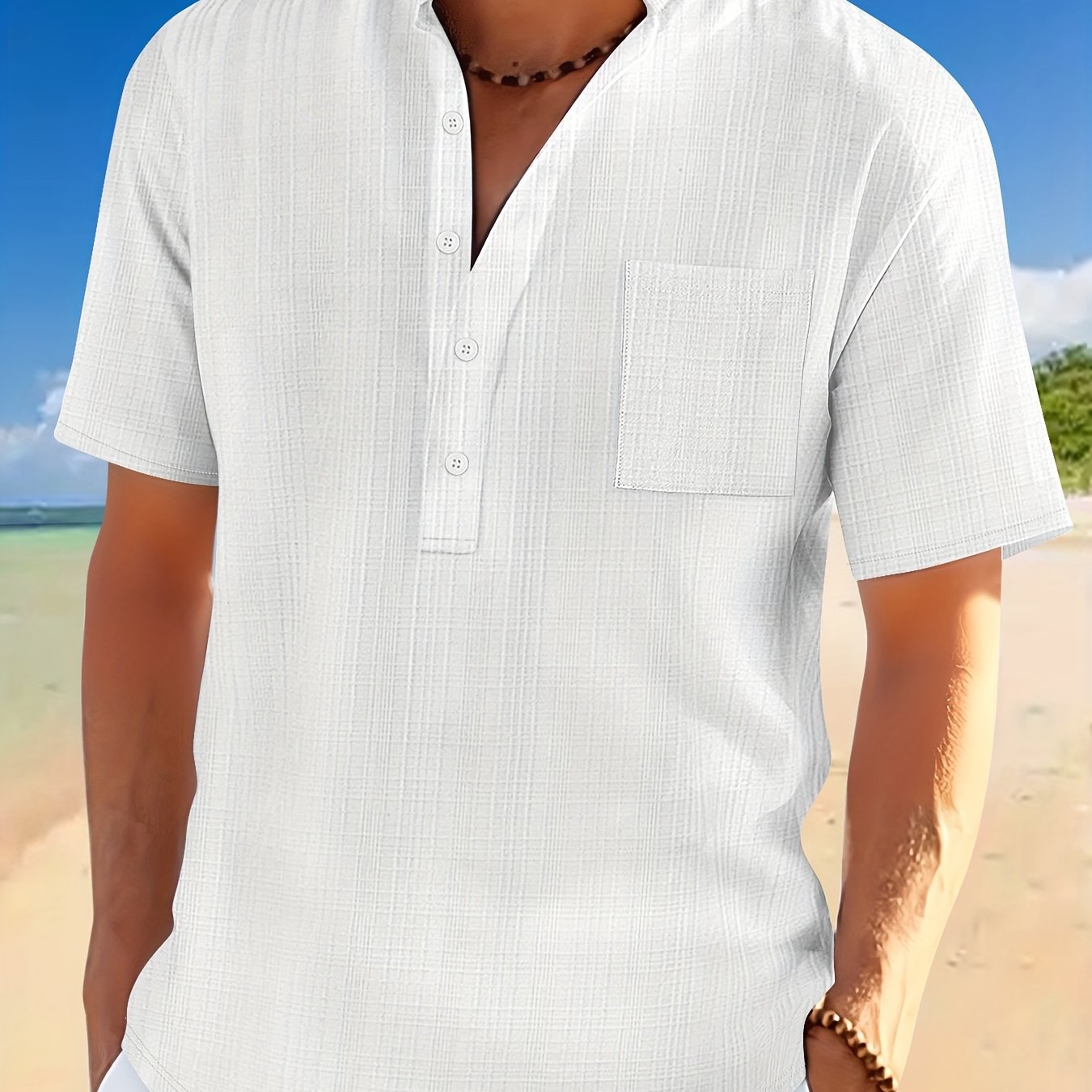 Men'S Solid Color Short-Sleeve Shirt with a Casual Pocket, Perfect for Summer.