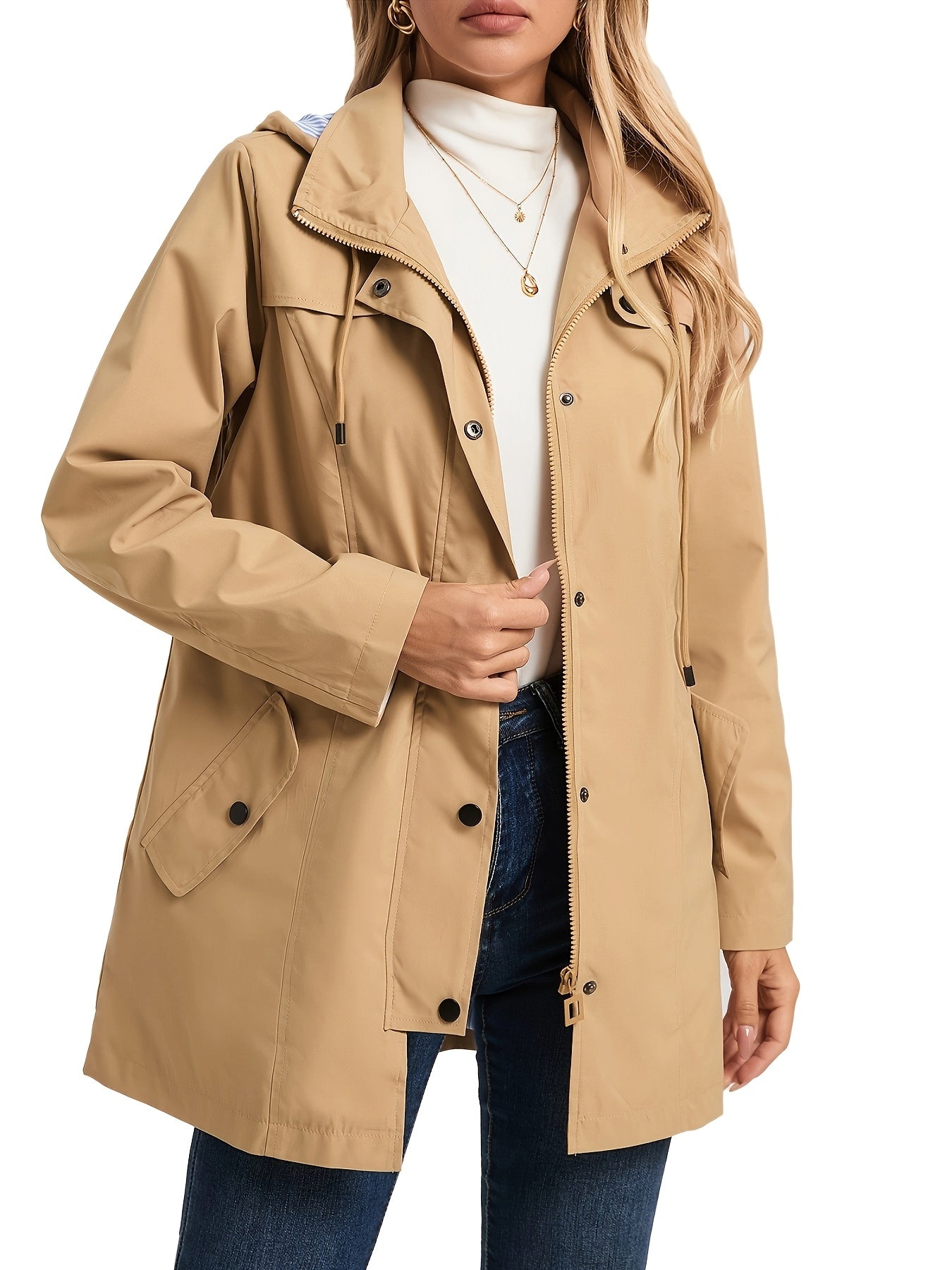 Women's Elegant High Quality Windbreaker Raincoat with Hood - High Elasticity Mid-Length Long Sleeve Jacket, Beige Trench Coat for Spring/Fall Outdoor Commute & Casual Outings, Spring Fall Jacket | Elegant Raincoat | High Qua