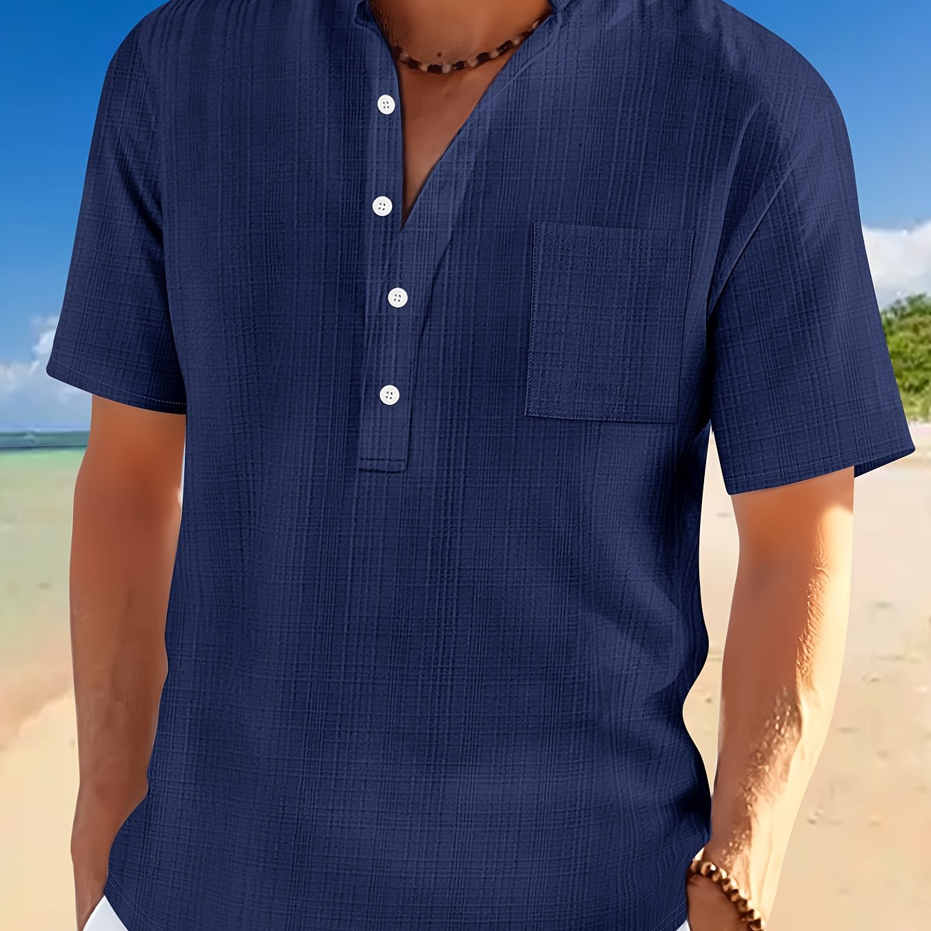 Men'S Solid Color Short-Sleeve Shirt with a Casual Pocket, Perfect for Summer.