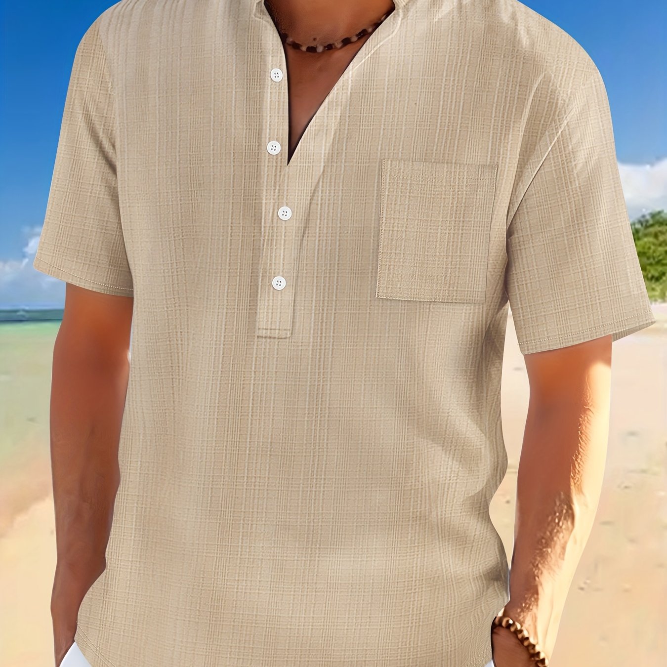 Men'S Solid Color Short-Sleeve Shirt with a Casual Pocket, Perfect for Summer.