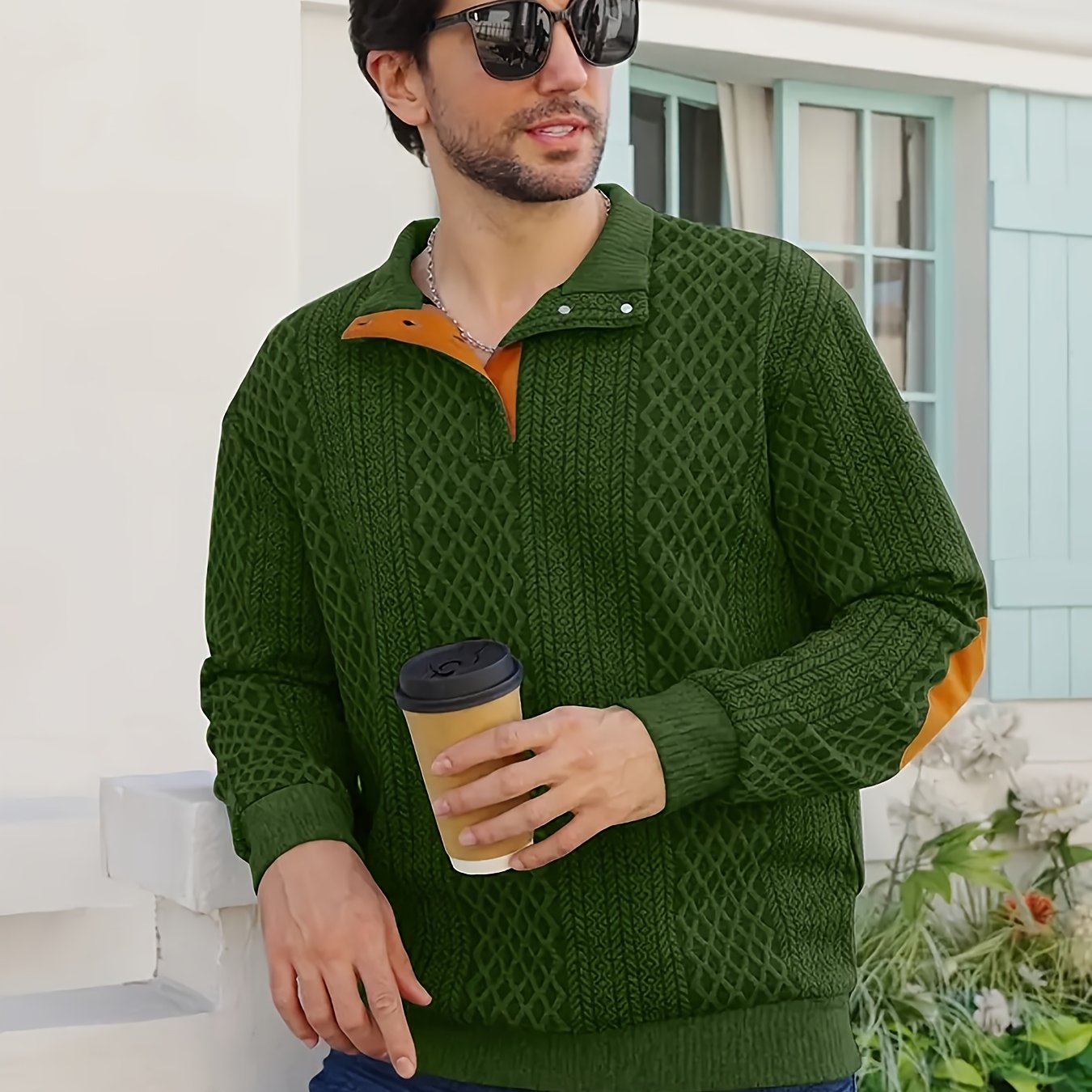 Men's Casual Sporty Diamond - Patterned Knit Jacquard Hoodie with Button Details - Stand - Up Collar, Long Sleeves, Stretch Fabric, Grey with Orange Accents