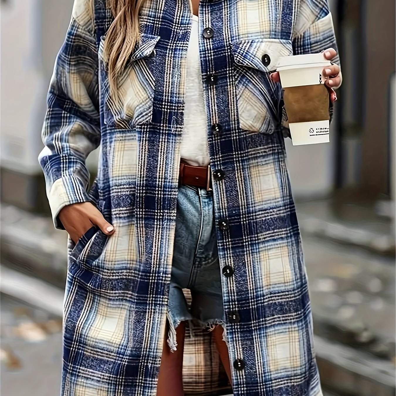 Classic Mid-Length Buffalo Plaid Shirt Jacket with Functional Pocket, Chic Turndown Collar, and Contrasting Buttons