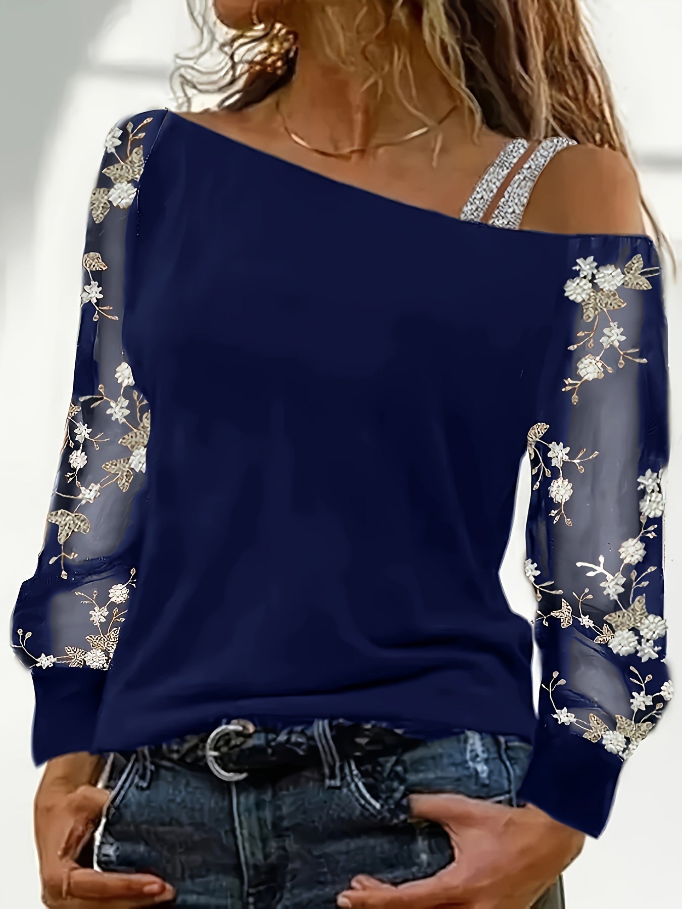 Elegant Off-Shoulder Embroidered Long Sleeve T-Shirt for Women