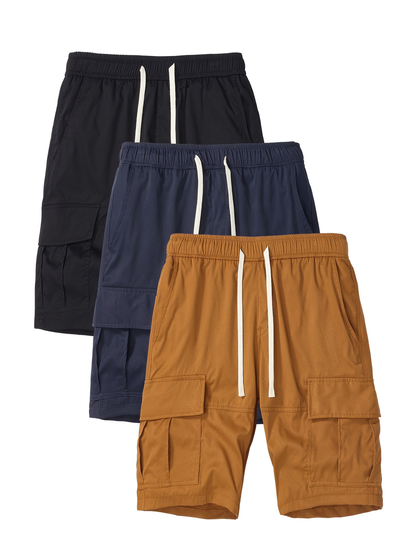 3 Piece Men's Outdoor Cargo Shorts with Adjustable Drawstring Waist and Multiple Pockets Loose Fit Casual Shorts for Hiking Running Spring Summer Fall Black Dark Gray Tan