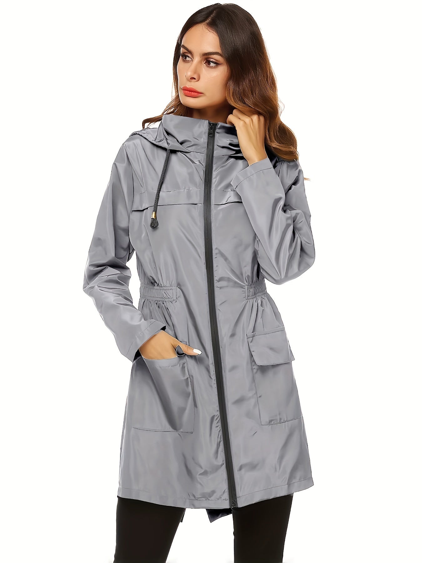 Women's Windproof High Quality Lightweight Hooded Rain Jacket - Adjustable Drawstring Hem & Cuffs, All-Season Casual Outdoor Coat for Hiking, Travel, Daily Commute (Solid Color), Travel Rainwear | Full Length Raincoat | Sleek