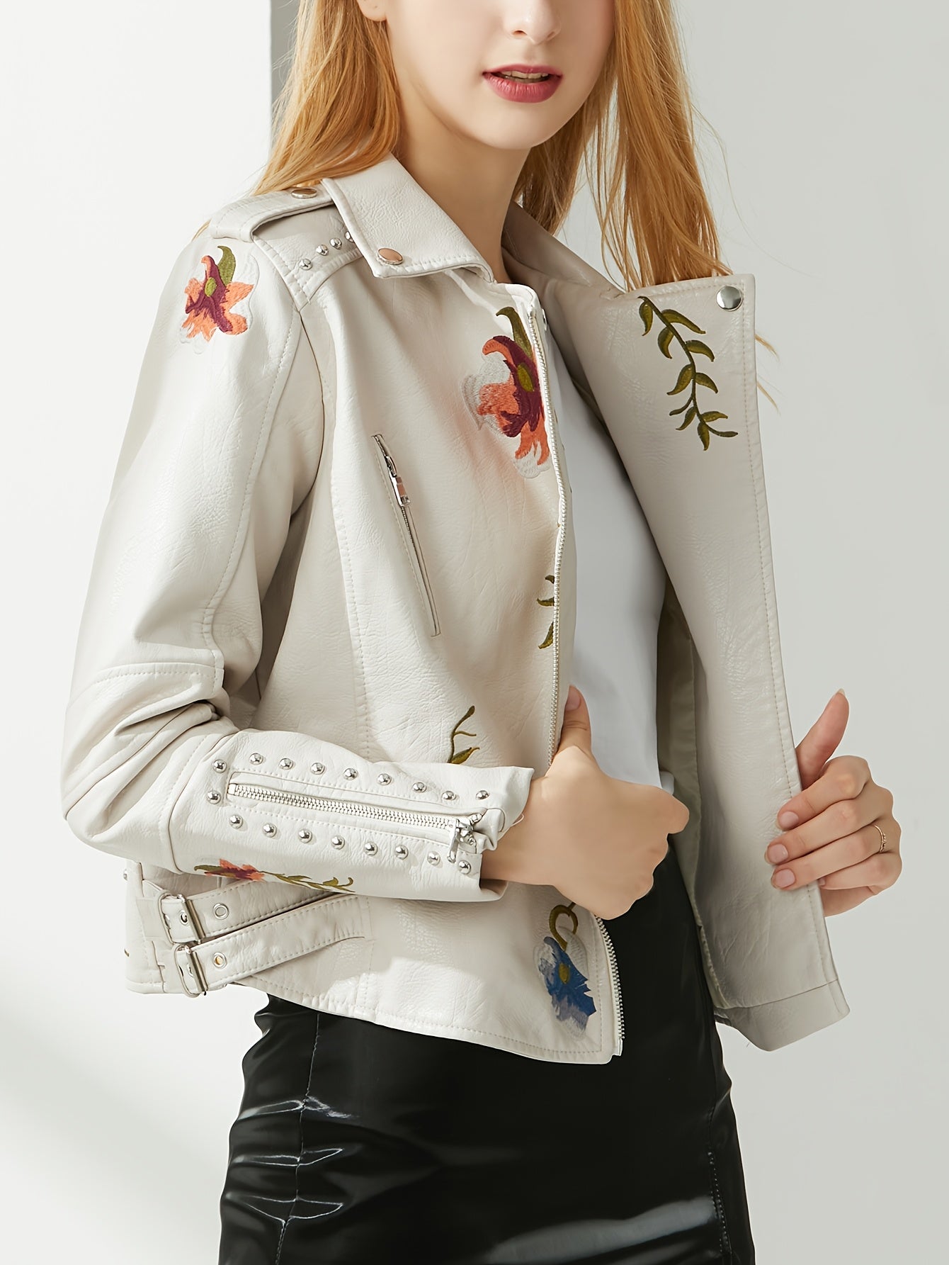 Women's Studded Rivet Floral Moto Jacket Biker Short Lapel Coat Stylish and Trendy