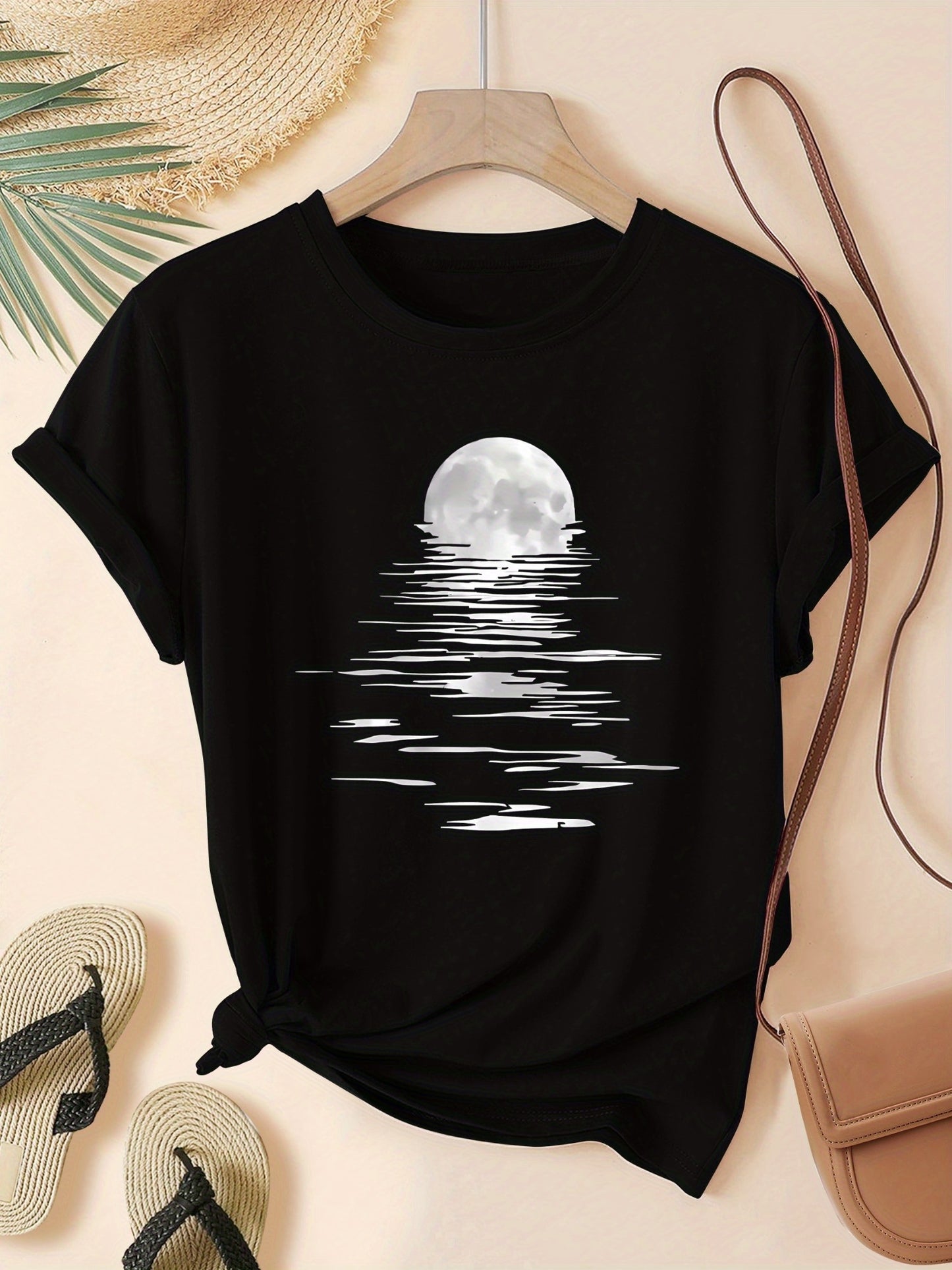 Women'S Moonrise Graphic Tee -Round Neck Short Sleeve, Black, Sizes S-XXL - Perfect for Spring/Summer/Fall