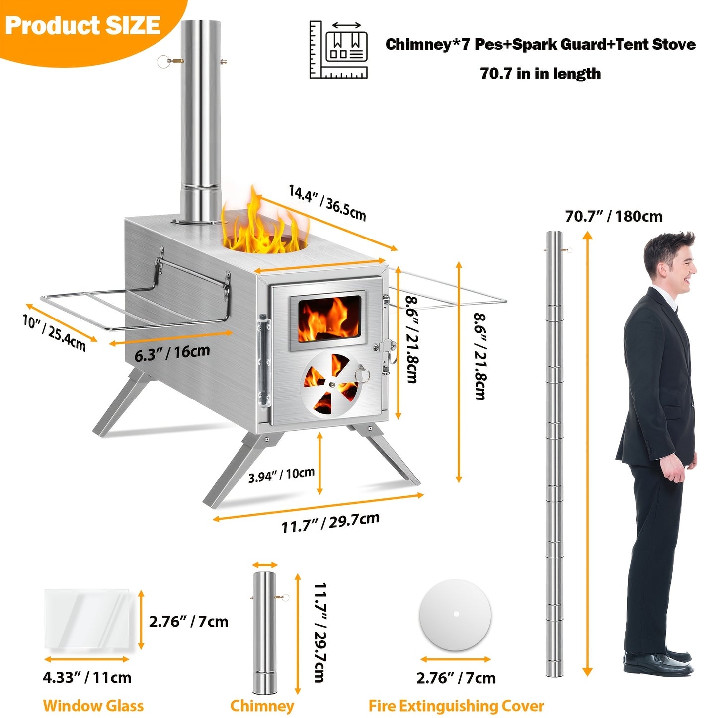 Portable Carbon Steel Wood Stove With Seven Chimney Pipes