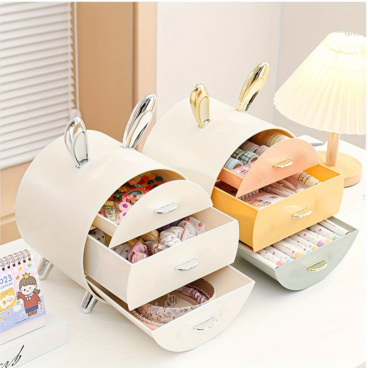 1pc Large Capacity Rabbit Decor Makeup Storage Case Multi-functional Cosmetic Organizer with Drawer Vanity Decor Skincare Stationary Container