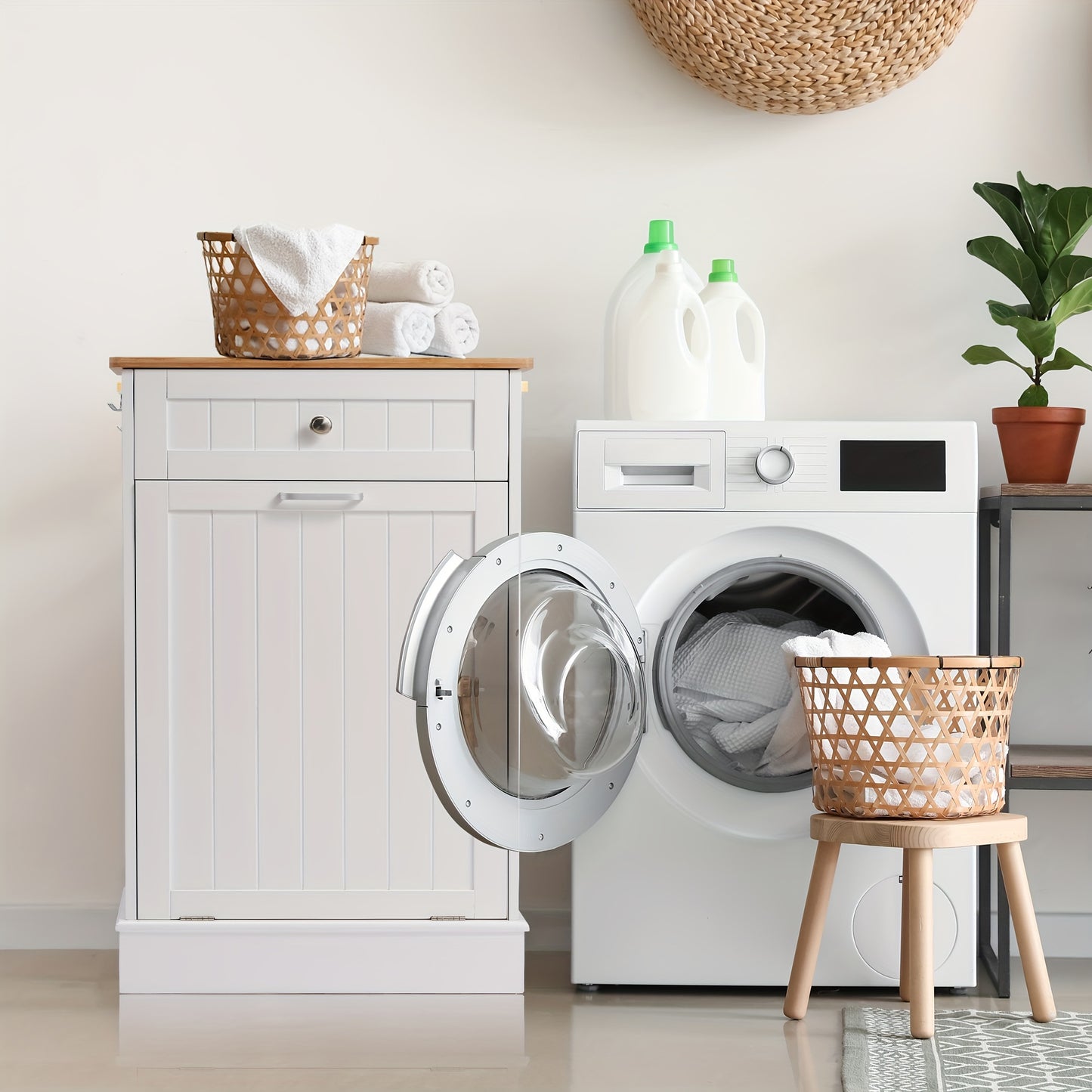 13 Gallon White Wooden Cabinet with Tilt-Out Design