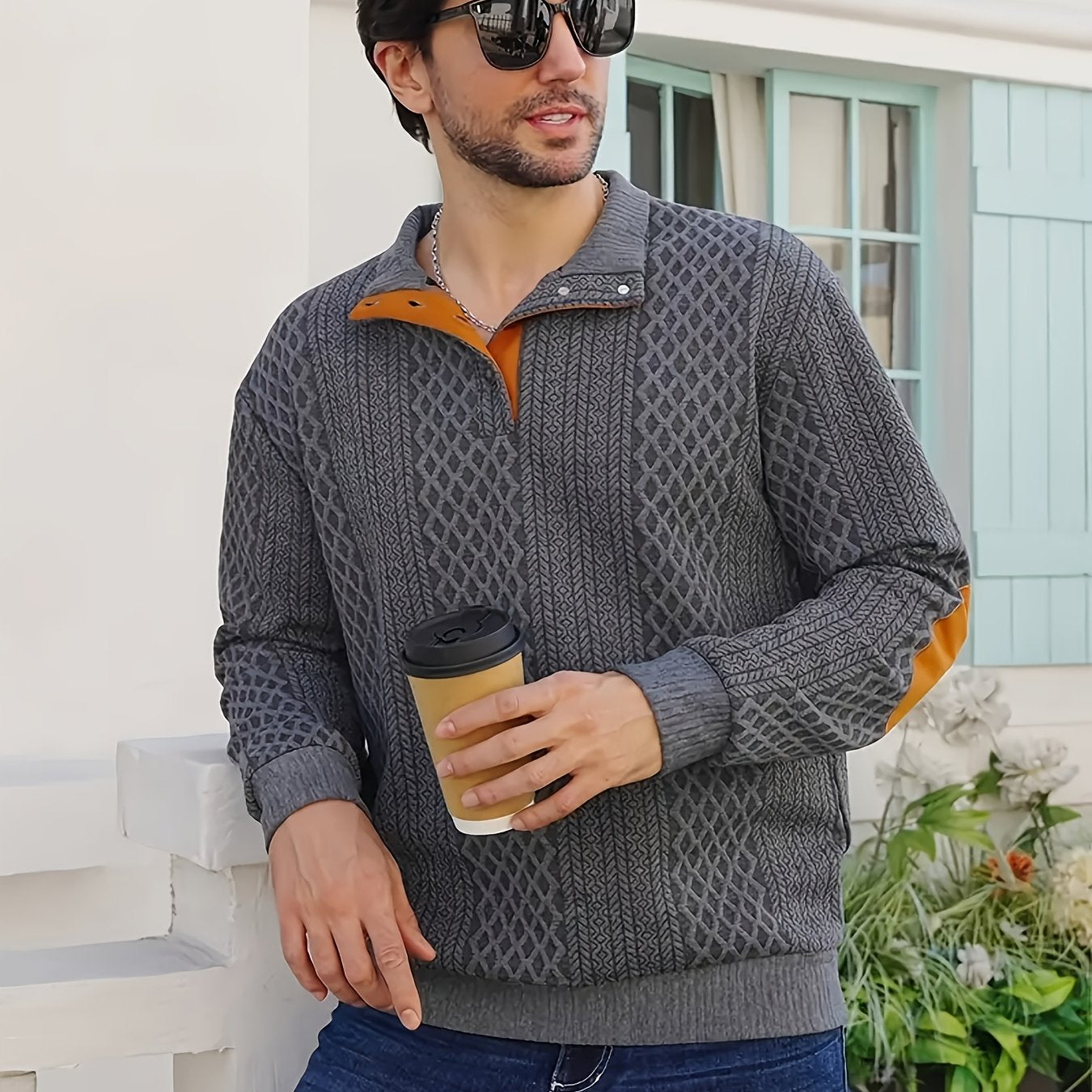 Men's Casual Sporty Diamond - Patterned Knit Jacquard Hoodie with Button Details - Stand - Up Collar, Long Sleeves, Stretch Fabric, Grey with Orange Accents