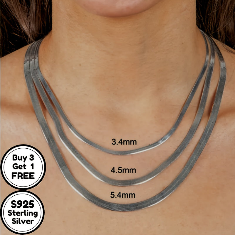 Italy S925 Sterling Silvery 4mm Flat Snake Bone Chain Necklace, Suitable for Men's and Women's Necklaces