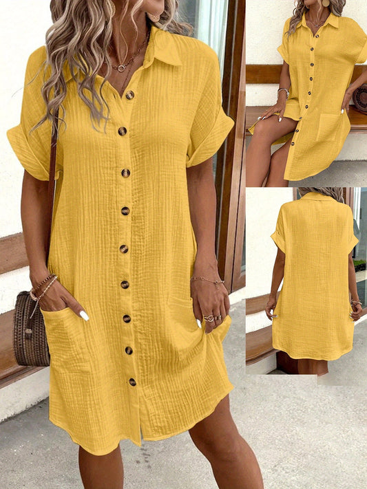 Women'S Summer Mini Dress Short Sleeve Lapel Collar Fashion