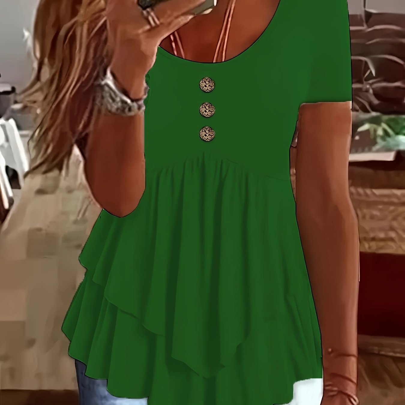 Women's Casual Short Sleeve Crew Neck T-Shirt Solid Color Button Front Flare Top Summer Blouse with Ruffles