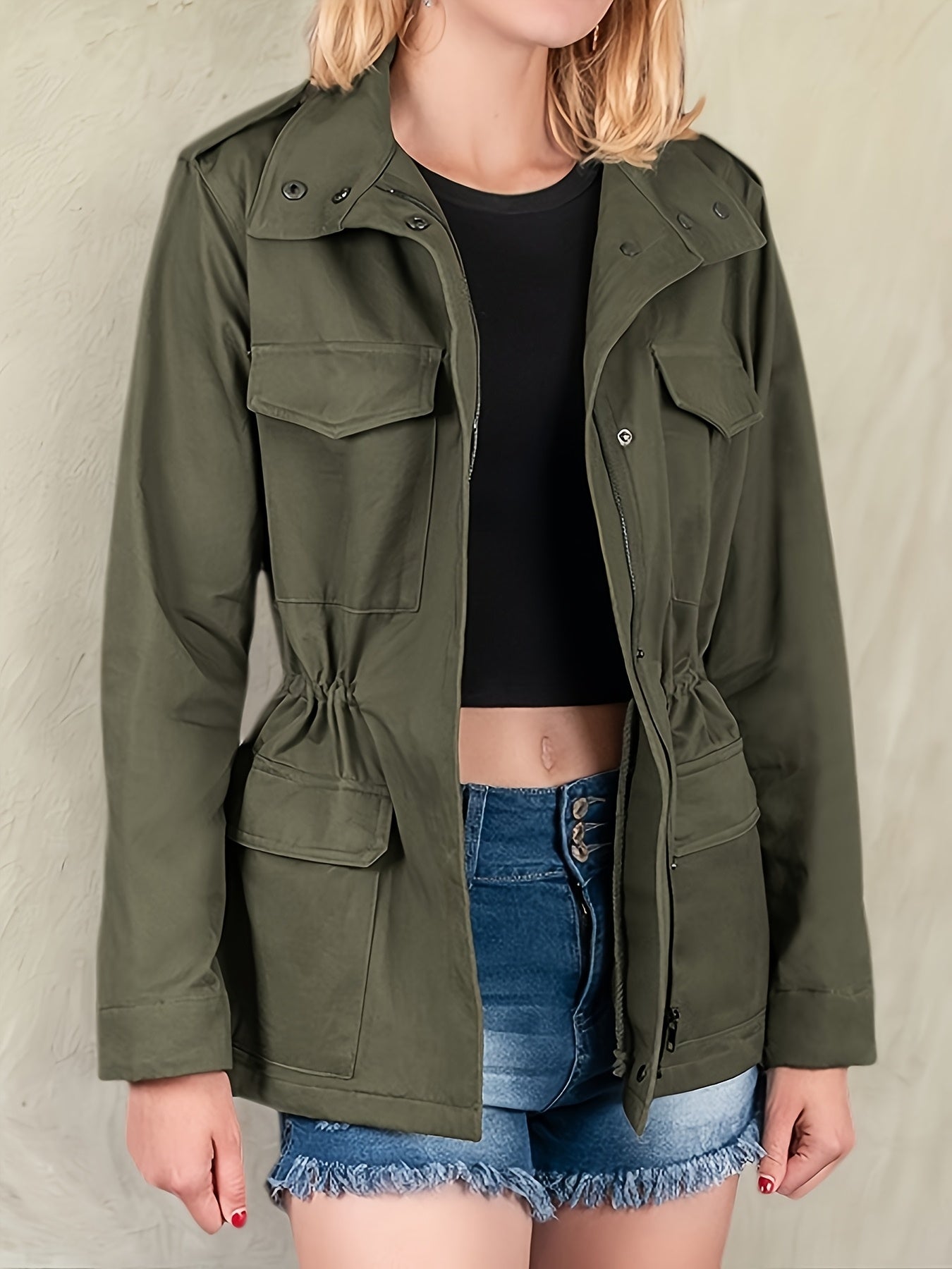 Women's Army Green Military-Style Jacket with Drawstring Waist and Pockets