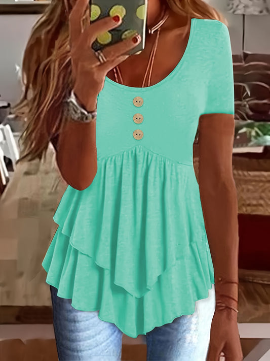 Women's Casual Short Sleeve Crew Neck T-Shirt Solid Color Button Front Flare Top Summer Blouse with Ruffles