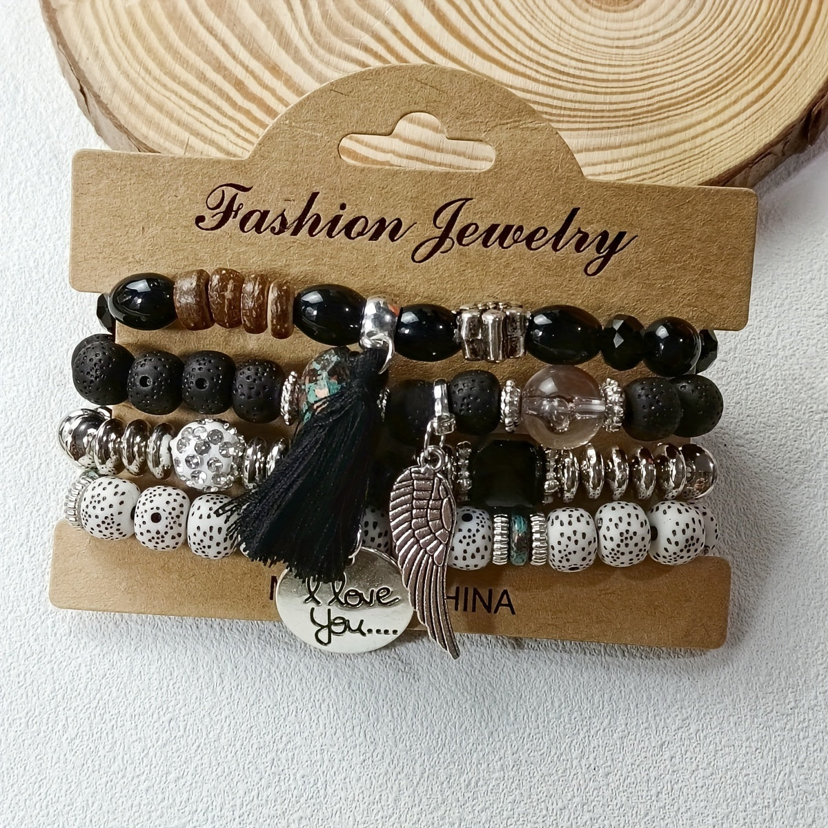 4 Pieces Set Bohemian Wing Round Tassel Multilayer Glass Beads Retro Bracelet for Women Leisure Vacation Jewelry Gift